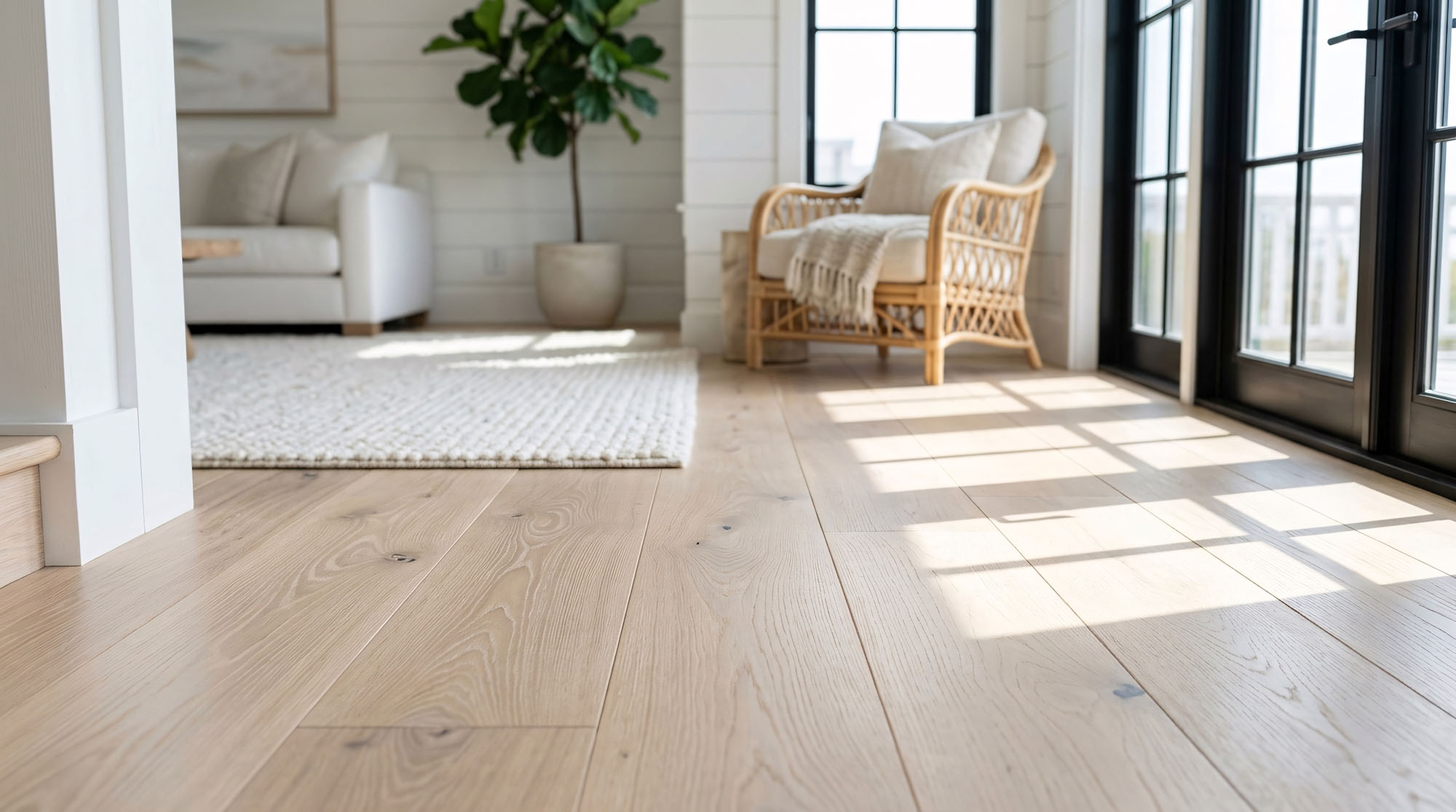 Light wood flooring in a bright living room